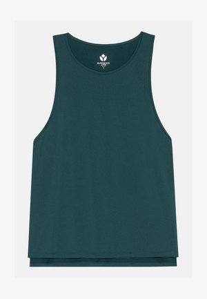 Mørkegrønn tanktopp laget av glatt stoff. Har rund hals, er ermeløs og har en rett kant. Minimal merkevare på brystet.