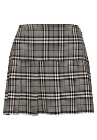 Zwart-wit geruite rok met een geplooide ontwerp, met een aangesloten taille en ritsluiting. Gemaakt van een gestructureerde stof.