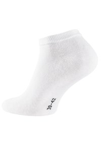 White ankle socks made of cotton blend, featuring a ribbed cuff and a size label of 38-42 printed on the sole.