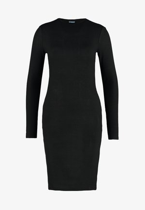 Fekete, hosszú ujjú bordázott ruha kerek nyakkivágással, testhez simuló sziluettel és texturált anyaggal, amely a comb közepéig ér.