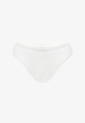 Weiße Bikini-Unterwäsche mit nahtlosem Design, elastischem Bund und glatter Textur, auf der Rückseite mit Größen- und Pflegehinweisen versehen.