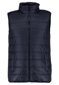 Laivastonsininen, hihaton toppaliivi, jossa korkea kaulus, etuvetoketju ja kaksi sivutaskua. Tikkikangas vaakasuorilla saumoilla.