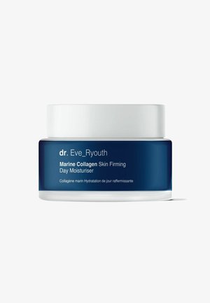 Niebieski szklany słoik z białą pokrywką, oznaczony napisem "dr. Eve_Ryouth Marine Collagen Skin Firming Day Moisturiser" w białym i srebrnym tekście.