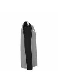 Langarmshirt mit grauem Körper und schwarzen Ärmeln. Hergestellt aus leichtem Material, hat es ein weißes Logo auf der Brust und Schulterakzenten.