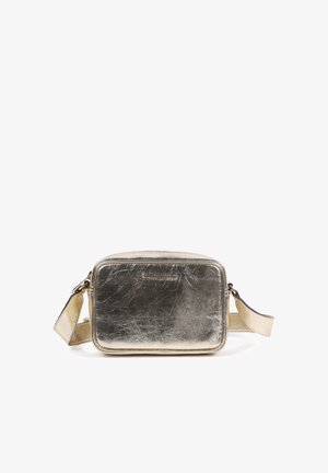 Metallic silver rectangular handbag with a smooth texture, zip closure, and an adjustable strap. Minimalist design with no additional accents.