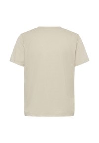 Beige short-sleeve t-shirt with a smooth, slightly shiny texture, featuring a crew neck and a relaxed fit. No visible logos or patterns.