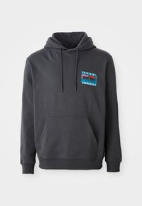 Donkergrijze hoodiesweater met een voorzak, voorzien van een kleurrijke grafische logo op de borst en een capuchon met trekkoord. Gemaakt van een katoenmix.