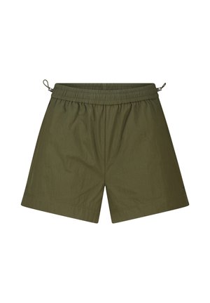 Olijfgroene herenshorts met elastische tailleband en verstelbare trekkoorden aan beide zijden, gemaakt van lichtgewicht stof.