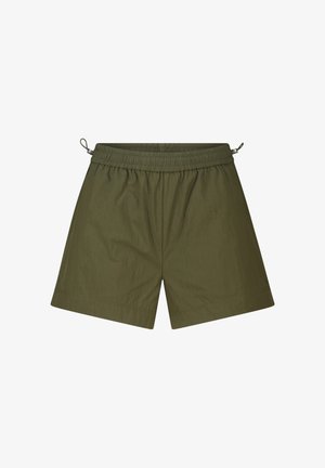 Olijfgroene herenshorts met elastische tailleband en verstelbare trekkoorden aan beide zijden, gemaakt van lichtgewicht stof.