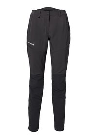 Zwarte softshell broeken met een slim fit, voorzien van een ritszakken, verstevigde knieën en contrasterende panelen voor duurzaamheid.