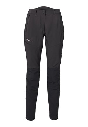 Black softshell pants with a slim fit, featuring zippered pockets, reinforced knees, and contrasting panels for durability.