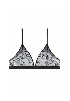 Bralette nera in pizzo con forma triangolare, intricati motivi floreali e spalline regolabili. Presenta una fascia sottostante nera liscia.