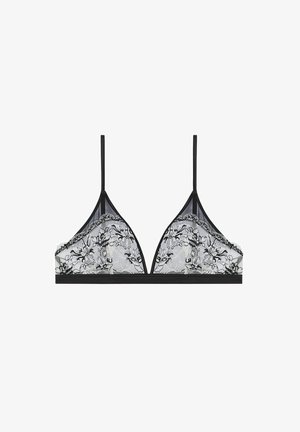 Bralet negru din dantelă cu cupe triunghiulare cu modele florale, material transparent și margine din satin. Bretele subțiri ajustabile și bandă solidă dedesubt.