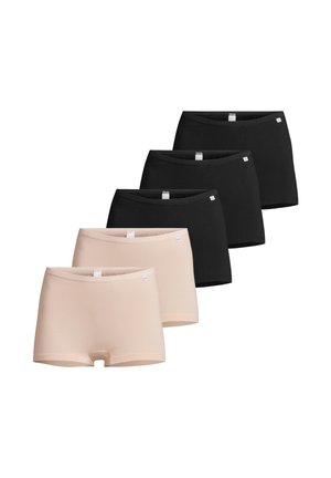 Pięć bezszwowych damskich majtek typu boyshort w kolorze czarnym i beżowym, ułożonych w przesunięty sposób na białym tle.
