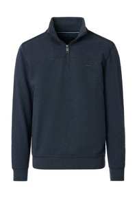 Marineblauwe quarter-zip sweater met een gestructureerd bovenpaneel, een effen ondergedeelte en ribgebreide manchetten en zoom. Bevat een klein merklogo op de borst.