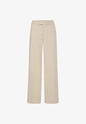 Pantaloni beige a gamba larga con una texture liscia, caratterizzati da un frontale piatto e passanti per la cintura. Nessuna tasca visibile o decorazione.