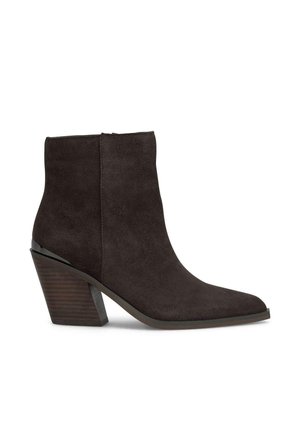 Botte à cheville en daim marron foncé avec un bout pointu et un talon empilé et incliné. Présente une surface lisse et des détails minimaux.