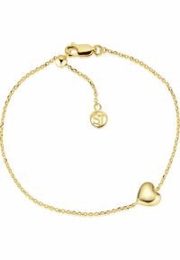 Bracciale in oro con un ciondolo a forma di cuore, maglie texture e chiusura a moschettone. Presenta una catena regolabile con un tag circolare del marchio.