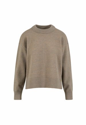 Maglione in maglia color taupe a maniche lunghe con polsini, orlo e scollo a girocollo a coste, mostrato frontalmente su sfondo bianco.