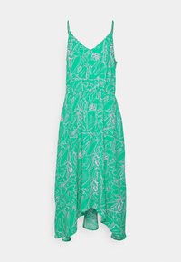 Vestido verde com decote em V, alças de espaguete ajustáveis, cintura franzida, barra assimétrica e padrão floral branco em todo o vestido.