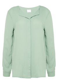 Blusa verde chiaro con maniche lunghe, colletto a scollo a V e davanti con bottoni. Tessuto morbido con una texture liscia e una lucentezza sottile.