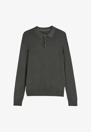 Ciemnoszary sweter polo z długim rękawem, kołnierzykiem, rozcięciem na guziki, ściągaczami na mankietach i dole. Miękka faktura z subtelnym melanżowym wzorem.