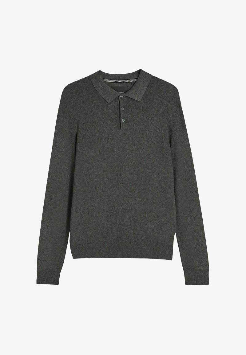 Ciemnoszary sweter polo z długim rękawem, kołnierzykiem, rozcięciem na guziki, ściągaczami na mankietach i dole. Miękka faktura z subtelnym melanżowym wzorem.