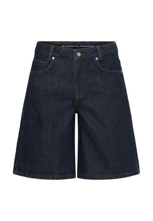 Pantaloni scurți din denim albastru închis, lungime până la genunchi, cu buzunare frontale, bucle pentru curea și închidere cu nasture metalic.