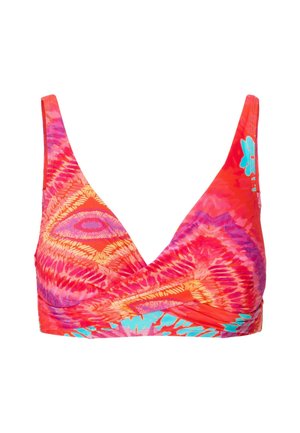Värikäs bikinitoppi, jossa on kietaisuosa sävyissä vaaleanpunainen, oranssi ja turkoosi. Ominaisuuksiin kuuluu syvä V-pääntie ja leveät hihnat.
