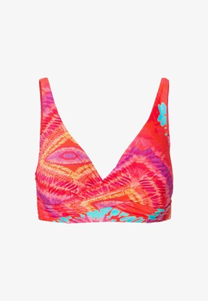 Živý bikinový top s designem do zavazování v odstínech růžové, oranžové a tyrkysové. Má hluboký výstřih ve tvaru V a široká ramínka.