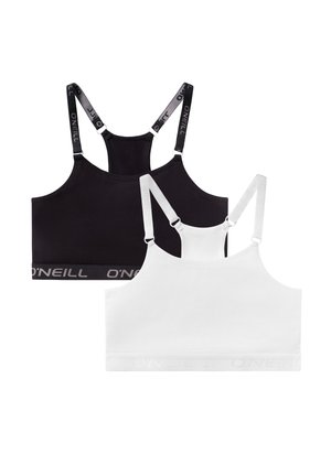 Two O'Neill sports bras, one black and one white, with adjustable straps and branded elastic bands at the bottom.