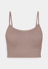 Brūna ribota bralette ar plānām regulējamām siksnām un vienkrāsainu joslu apakšā. Mīksta tekstūra bez redzamām aizdares daļām vai rakstiem.