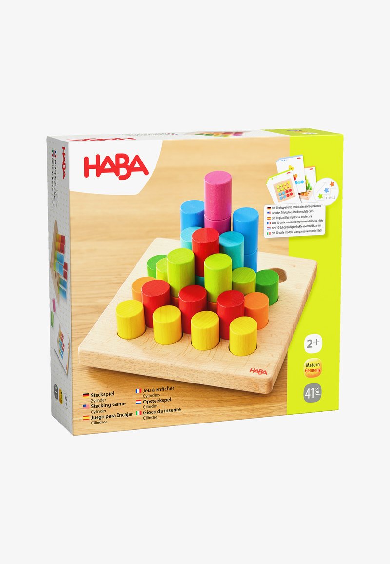 Drewniana gra do układania z 41 kolorowymi cylindrami w kolorach różowym, niebieskim, czerwonym, zielonym i żółtym, umieszczona na naturalnej drewnianej podstawie. Zawiera karty szablonów.