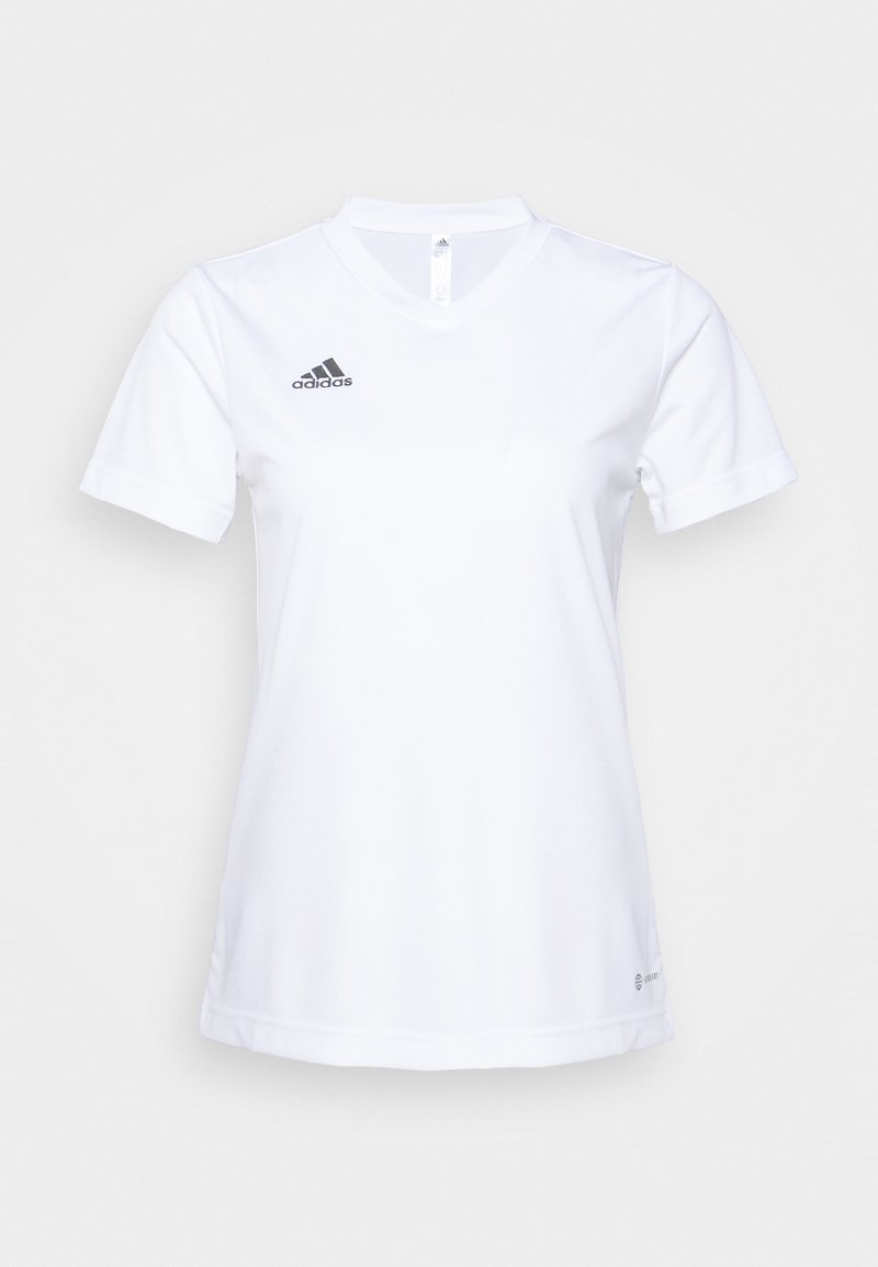 Jersey atlético blanco con cuello en V, mangas cortas y un logo negro de Adidas en la parte superior izquierda. Tejido suave y ligero.