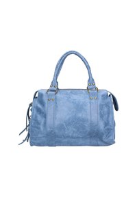 Borsa leggera blu realizzata in materiale sintetico testurizzato, con manici intrecciati, accessori in tono oro e dettagli frangiati decorativi.