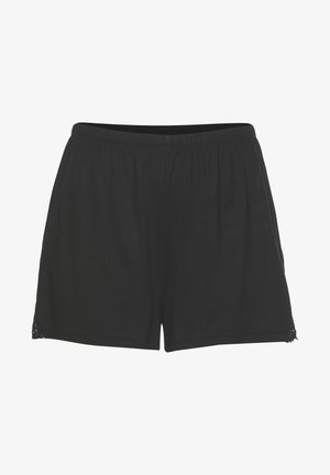 Black cotton shorts with an elastic waistband, featuring pleats and lace accents at the hem for added detail. Smooth texture and casual design.