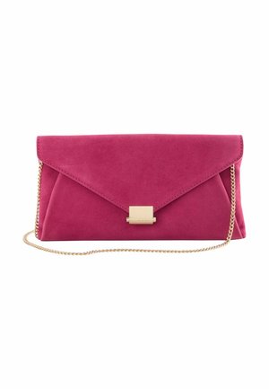 Small envelope-style pink suede clutch with gold rectangular clasp and thin gold chain strap on white background.