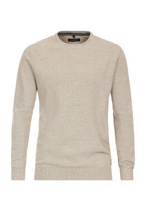 Beige Strickpullover mit Rundhalskragen, langen Ärmeln und strukturiertem Muster. Rippenbündchen und Saum mit subtiler Markenetikette am unteren Ende.