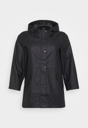 Imperméable noir en matériau imperméable avec capuche, boutons-pression, deux poches avant et accents à cordon de serrage.