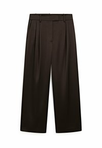Black pleated trousers with a wide, relaxed fit. Features a structured waistband and two side pockets, made from a smooth fabric.