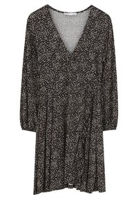 Robe noire à manches longues avec petit motif floral blanc, encolure en V et taille ainsi que ourlet légèrement froncés.