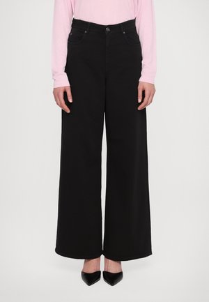 Black wide-leg trousers with a high waist, featuring a button and zipper closure, front pockets, and a smooth texture.