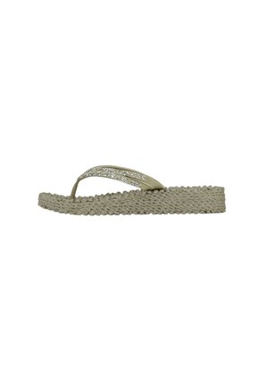 Tan flip-flop sandal with a braided textured sole and a thin, glitter-accented strap. Flat design, suitable for casual wear.