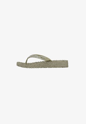 Tan flip-flop sandaal met een gevlochten textuurzool en een dunne, met glitters versierde band. Plat ontwerp, geschikt voor casual kleding.