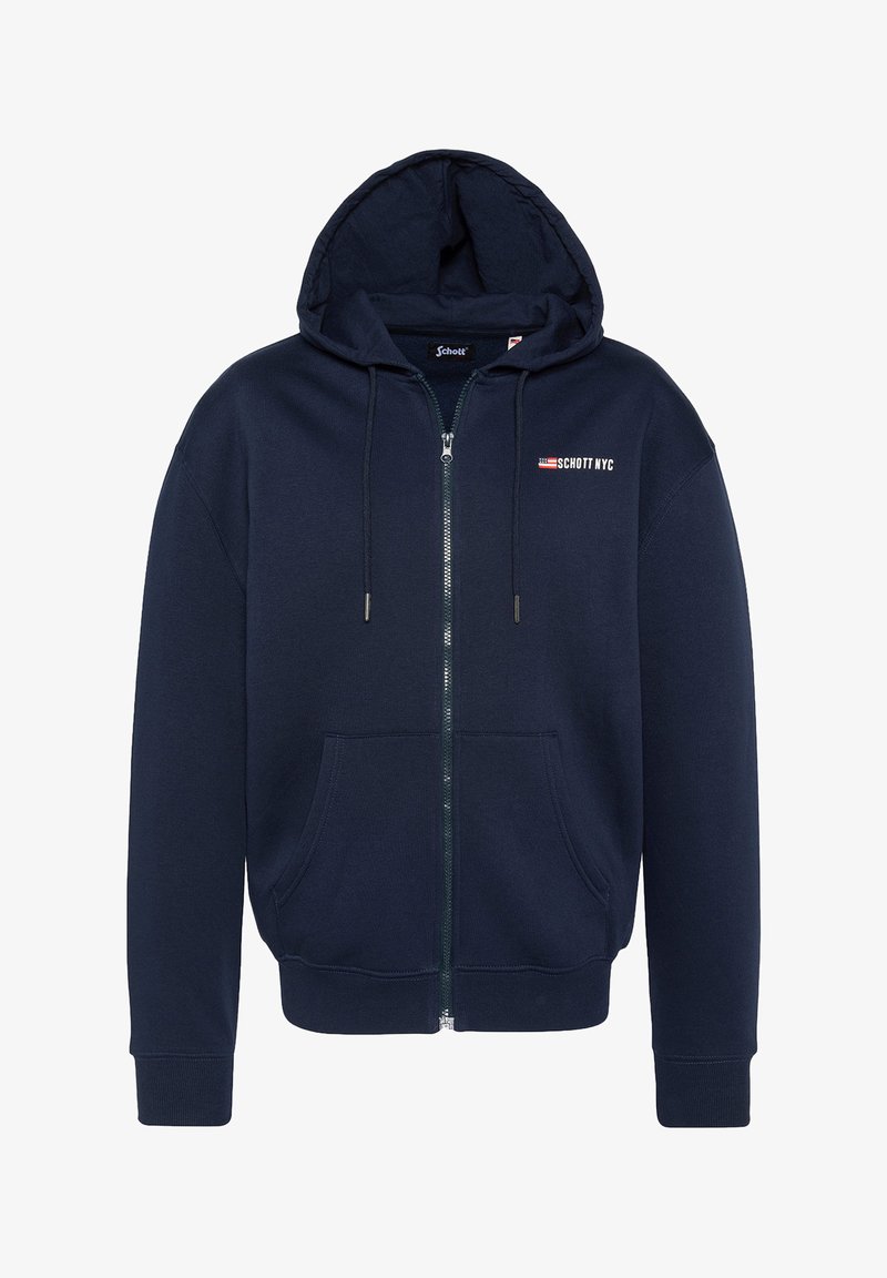 Hoodie zippé navy en mélange de coton avec capuche à cordon, poches avant et logo "Schott NYC" sur la poitrine gauche. Texture douce.