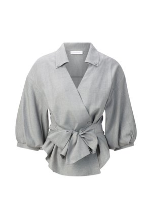 Gray wrap blouse with a collar and voluminous sleeves, tied at the waist with a bow, featuring a smooth, textured fabric.