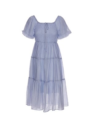 Hellblaues Midikleid mit gepufften kurzen Ärmeln, gerafftem Oberteil, quadratischem Ausschnitt und Stufenrock.