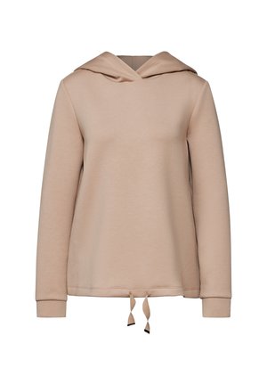 Beige hoodie met lange mouwen, een V-vormige halslijn en een koord onderaan. Gemaakt van zacht, gestructureerd materiaal.