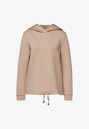 Felpa beige con cappuccio, maniche lunghe, scollatura a V e cordino all'orlo. Realizzata in tessuto morbido e strutturato.