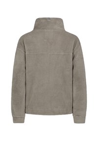 Grauer Fleece-Pullover mit hohem Kragen, strukturiertem Material und ohne sichtbare Verschlüsse oder Taschen. Sauberes, schlichtes Design.